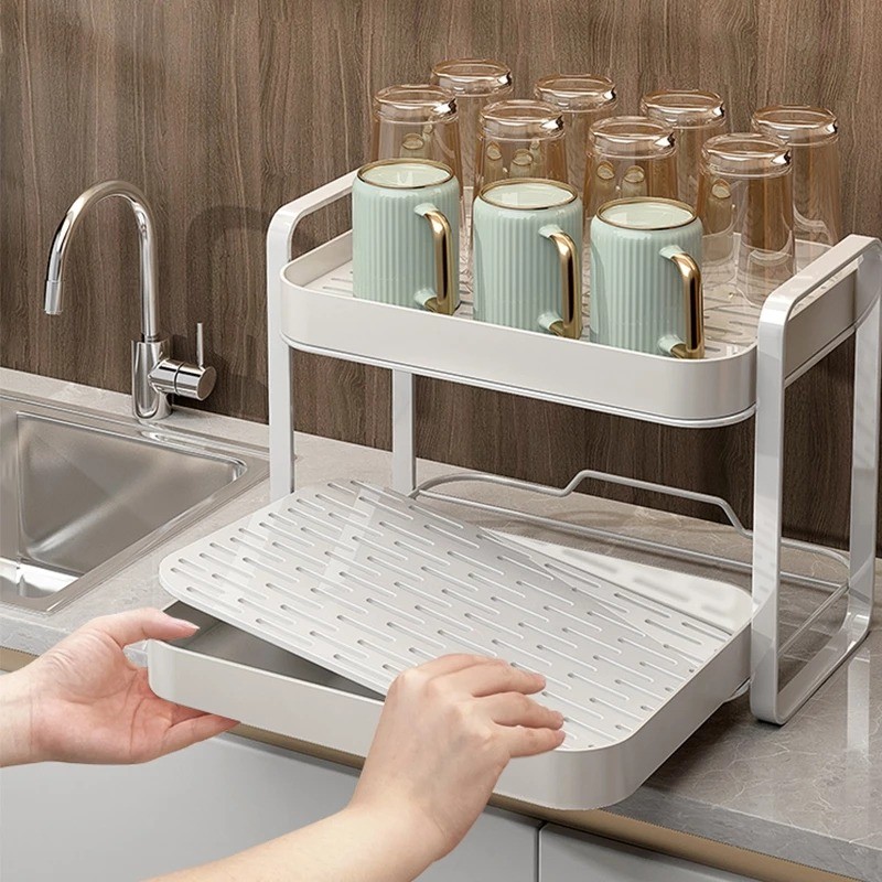 2-Tier Cups Drying Rack With Drain Tray Kitchen Organizer Shelf for ...