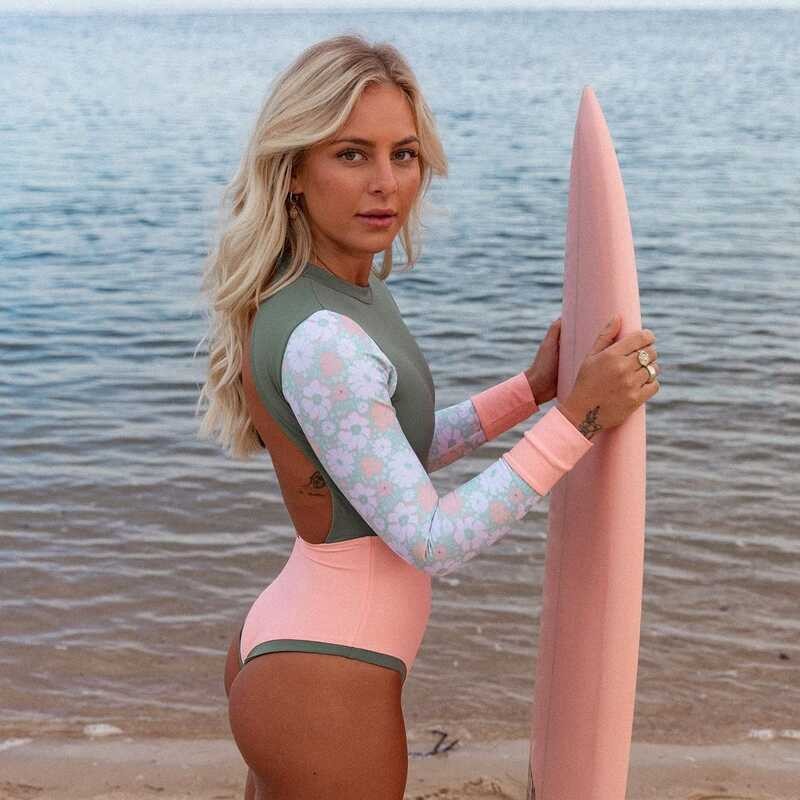 Print Floral One Piece Swimsuit Long Sleeve Swimwear Women Bathing Suit Retro Swimsuit Vintage One-Piece Surfing Swim Suits