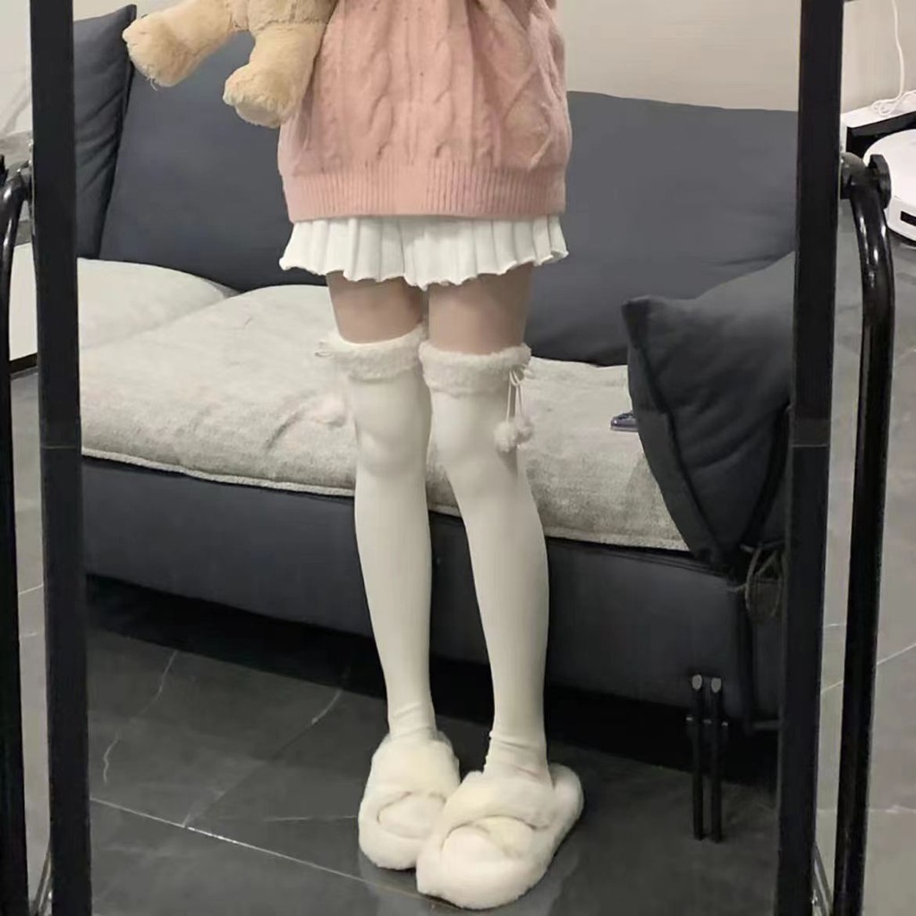 Lamb Wool Knee High Socks Autumn Winter Wool Balls Cute Warm Looped ...