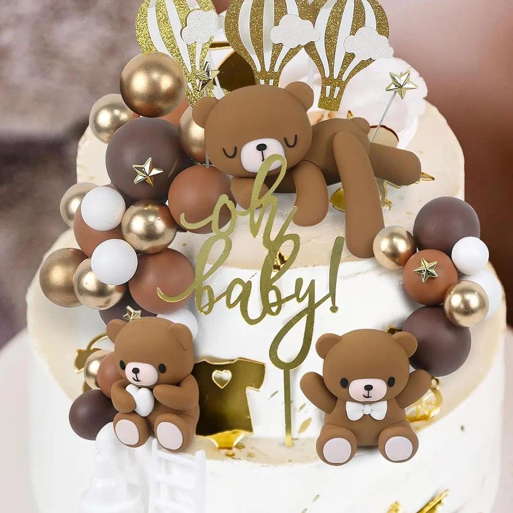 Brown Bear Cake Toppers Baby Letters Blocks Mini 3D Bear Cake Stand for ...