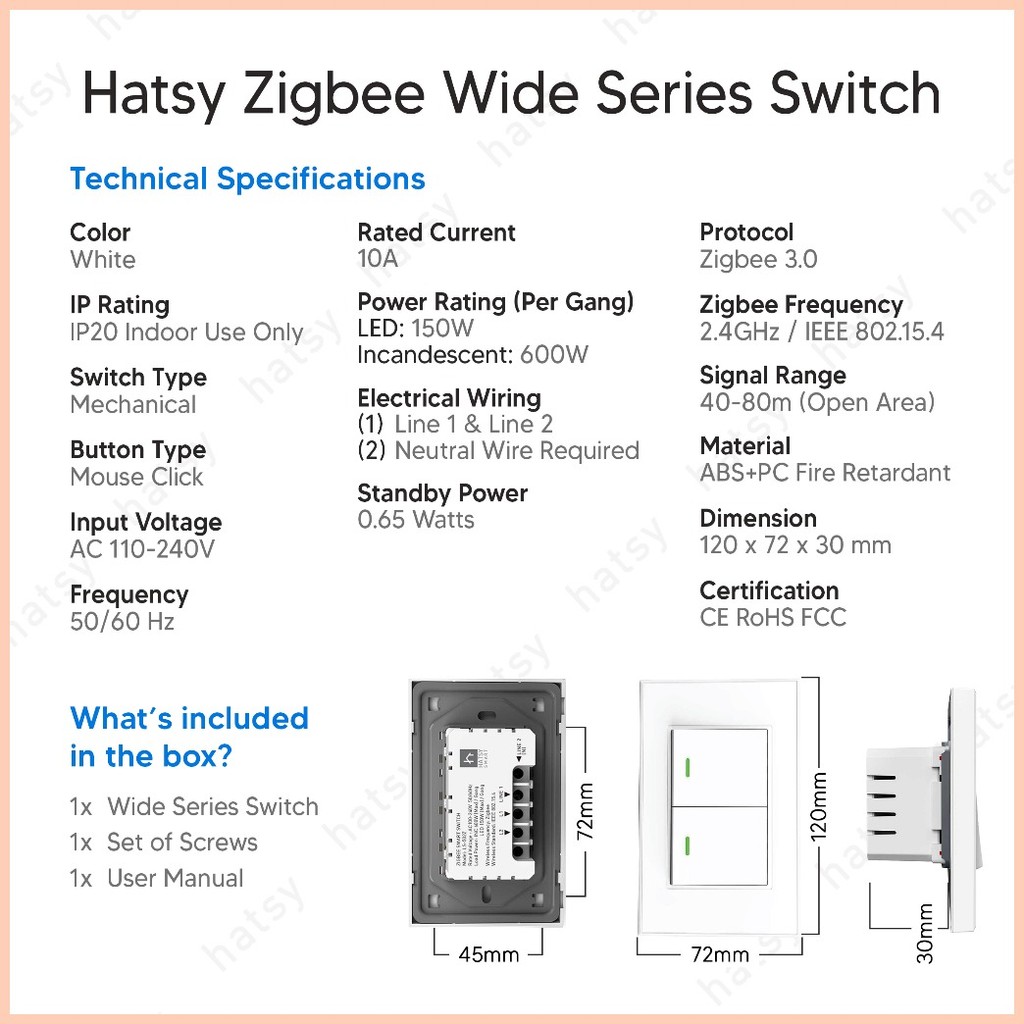 ∏ HATSY 2 GANG ZIGBEE LIGHT SWITCH, WIDE SERIES, NEUTRAL REQUIRED