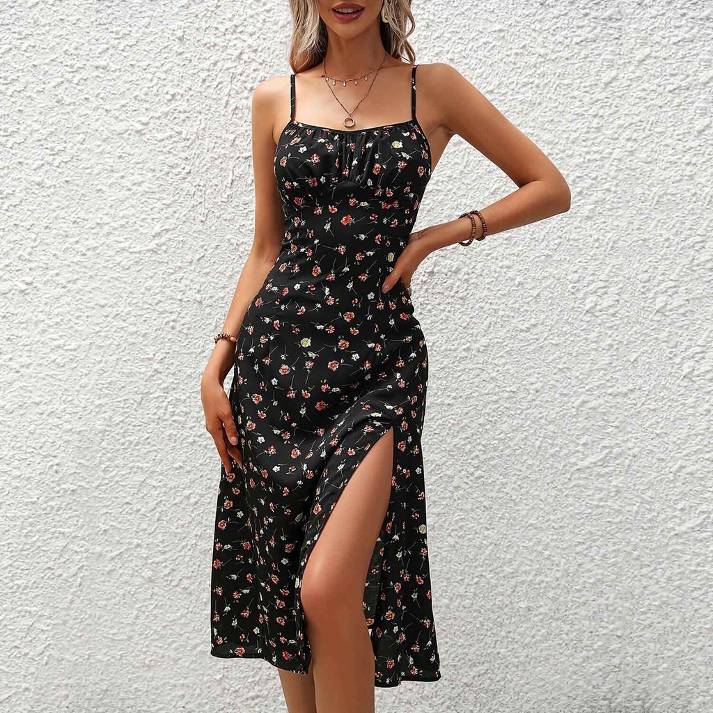 Fashionable Polka Dot Print Suspender High-waisted Pleated Casual Maxi Dress