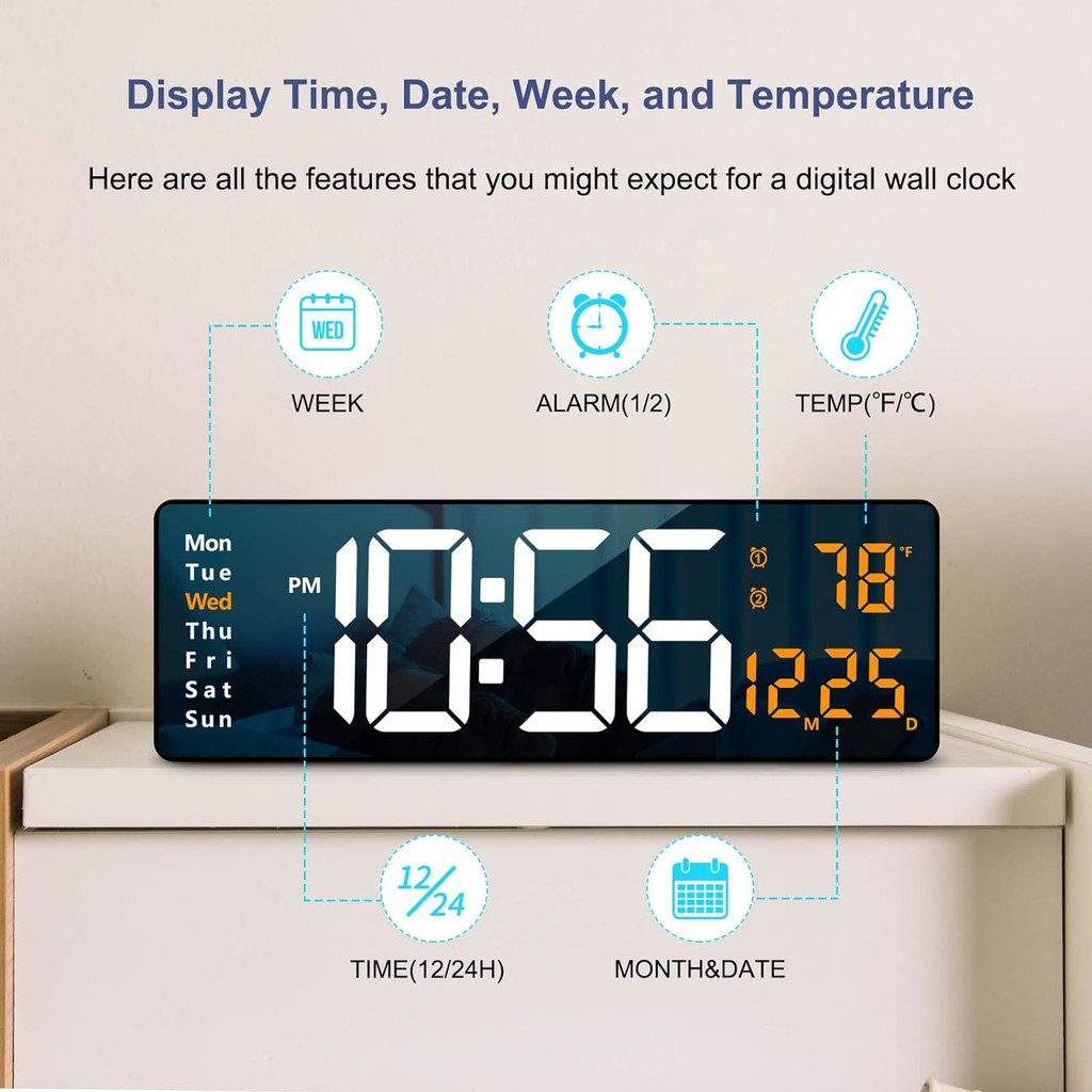 16 inch Large LED Digital Wall Clock Rechargeable Digital Wall Clock ...