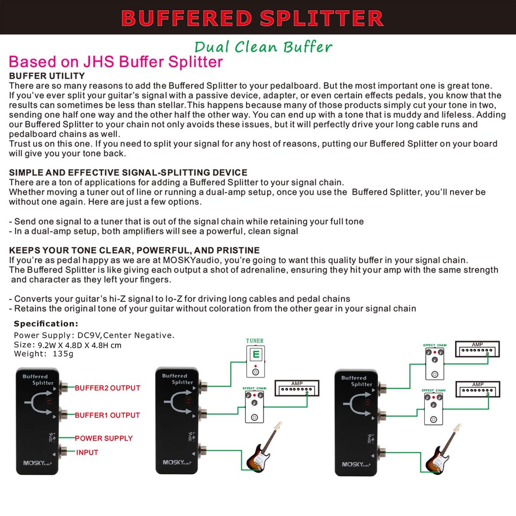 MOSKYaudio BUFFERED SPLITTER Guitar Effect Pedal Signal Buffer Splitter ...