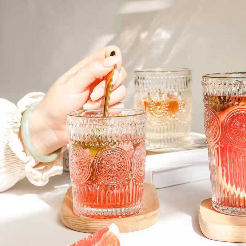 Gold Stroke High Beauty Sunflower Glass Embossed Water Coffee Juice ...