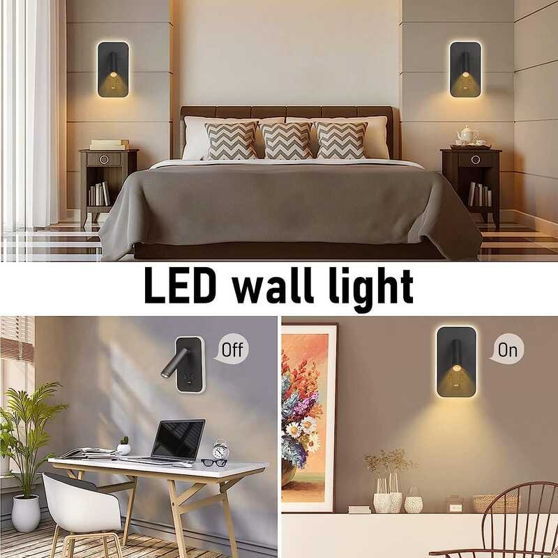 Bedside Lamp, LED L, Mounted Reading L With Switch And USB Port