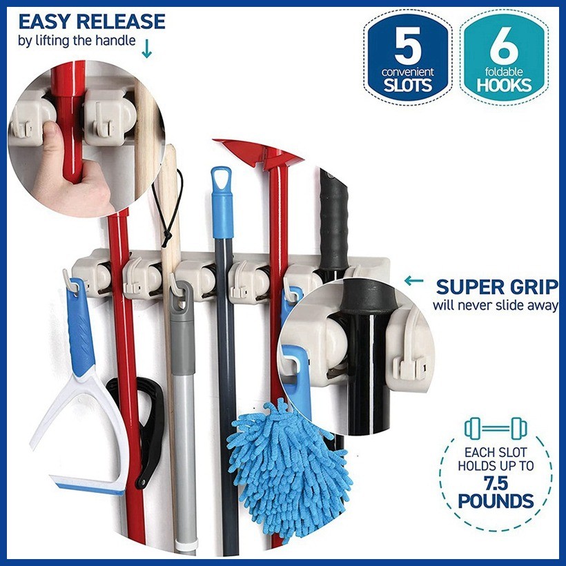 Mop and Broom Rack - Garage Storage System with 5 Slots, 6 Hooks ...