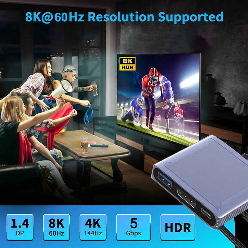 DisplayPort Dock 8K 3-In-1 Type C To DP 1.4 Cable With PD Charging USB ...