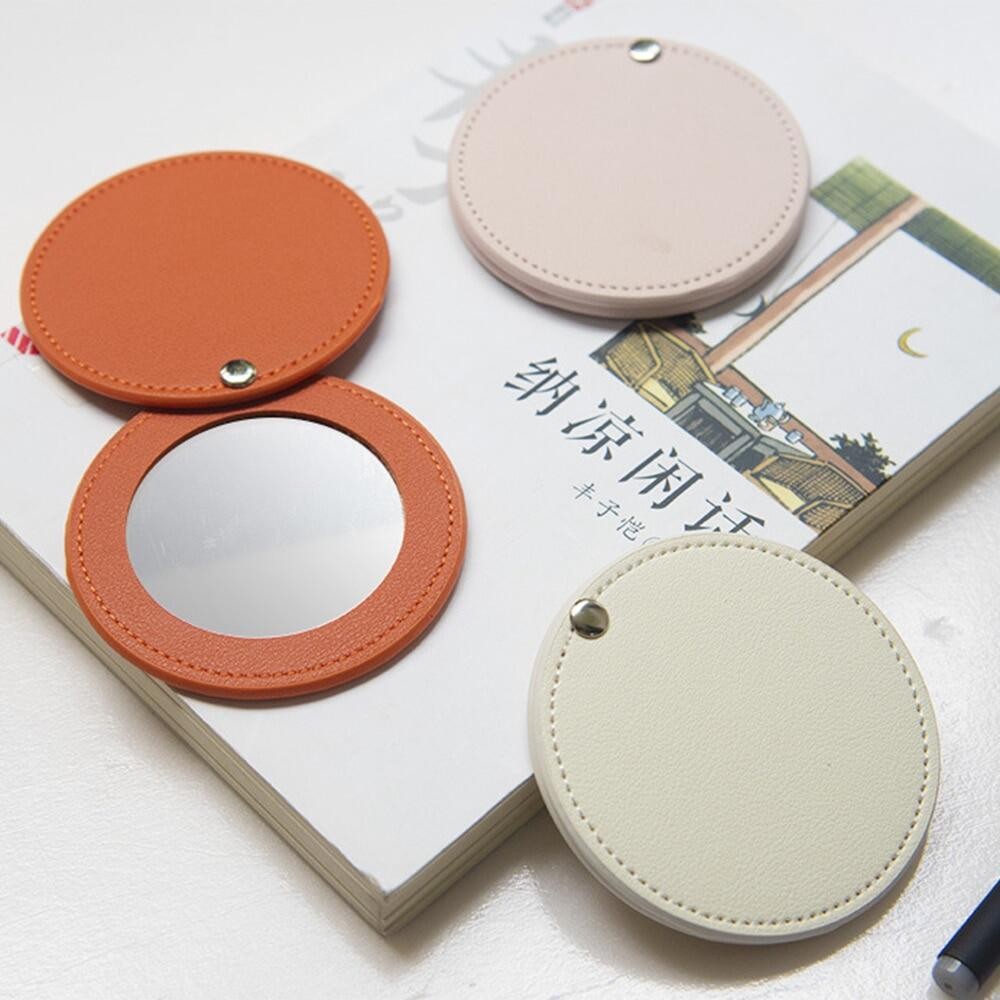 Compact Stainless Steel Mirror PU Leather Ultra-thin Round Small Pocket ...