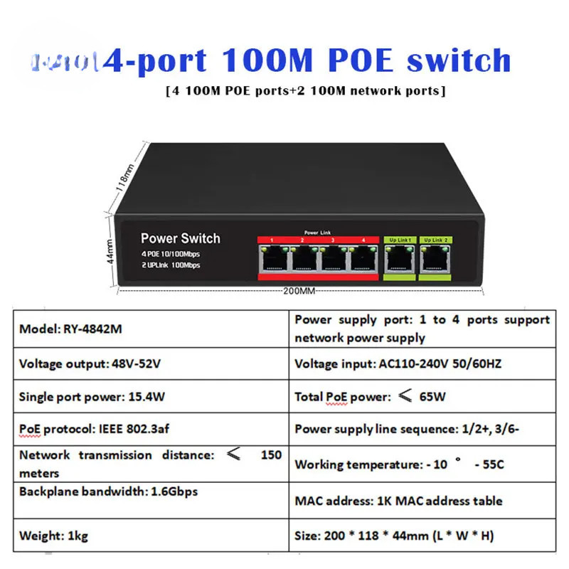 Ethernet switch 4 port poe 100 mbps switch managed 2 Port RJ45 100Mbs ...