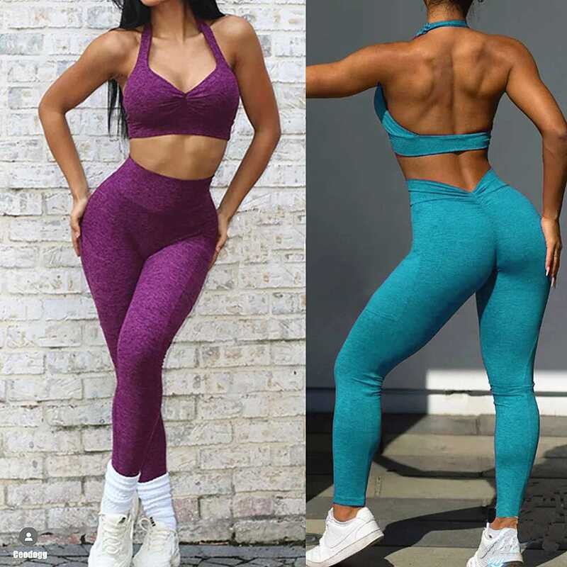 Backless Halter Workout Bra & Pockets Leggings Set
