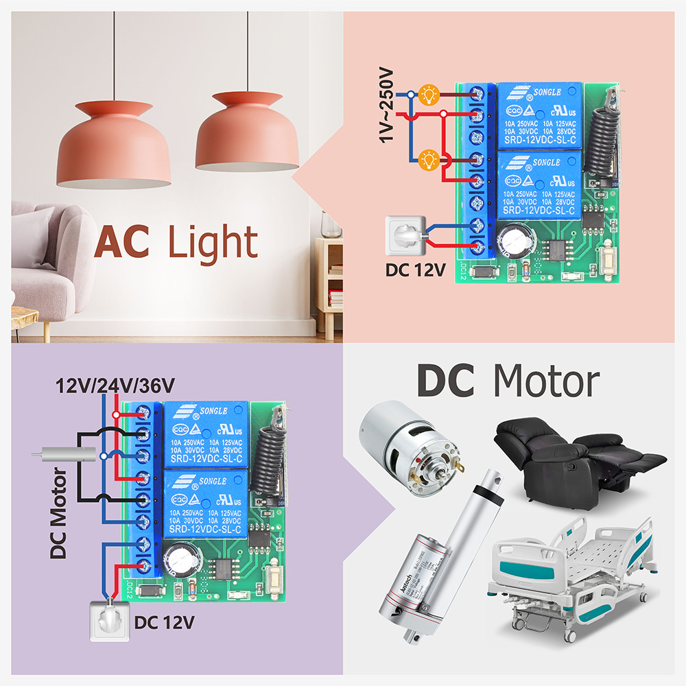433MHz Universal Wireless Remote Control Switch DC 12V 2 CH Motor Light ...