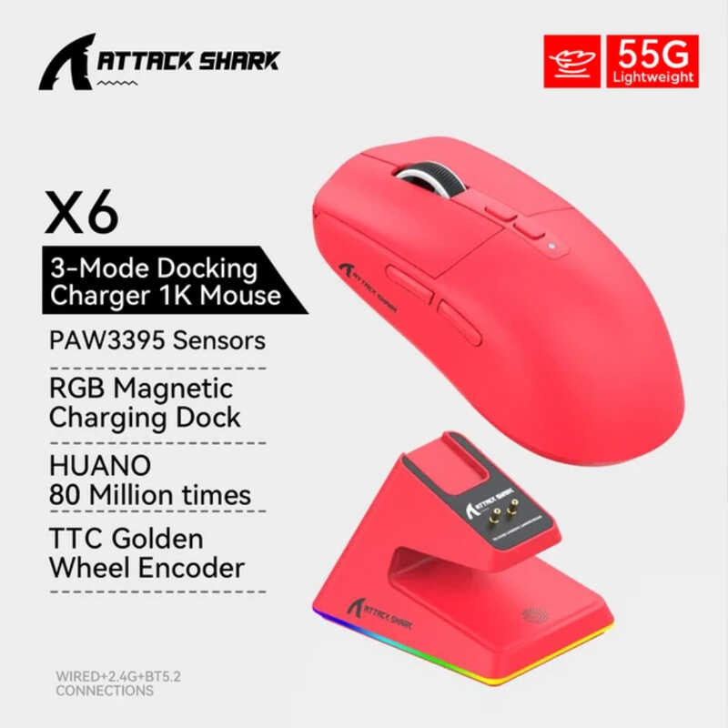 Wireless X6 Mouse,Base,Pixart Paw3395 26000Dpi 1Khz, RGB Touch Magnetic ...