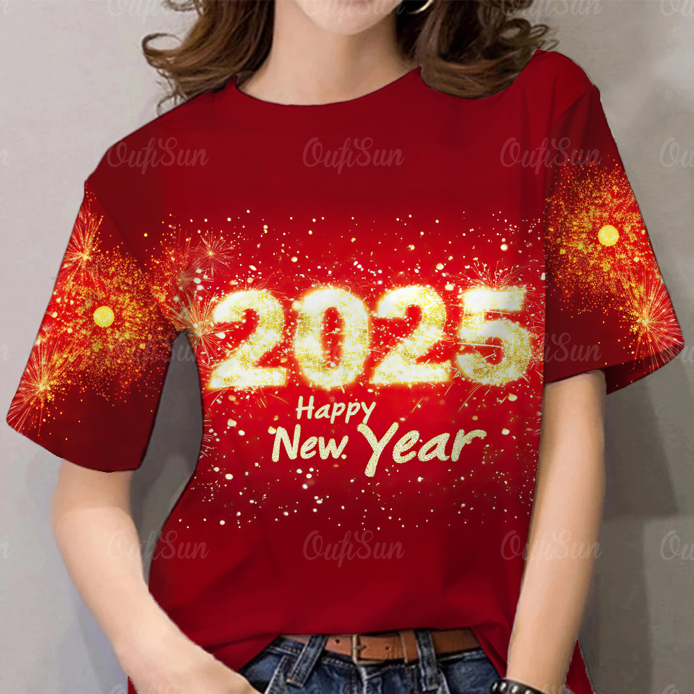 2025 New Year Tshirt Women's Round Neck New Year's Eve Shirt Happy New