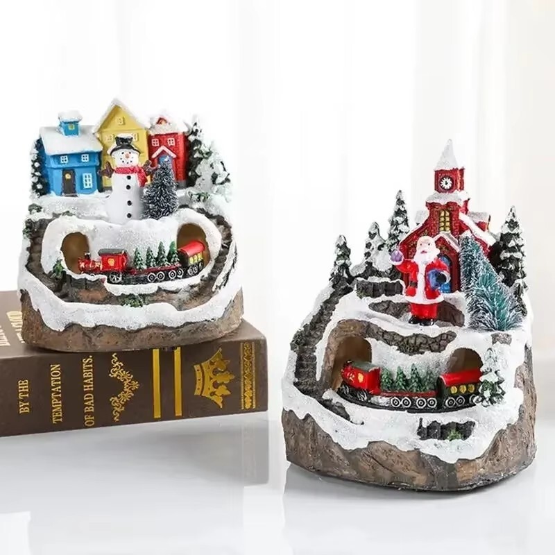 Christmas Village Square With Moving Train - Light Up Rotating Train Set With Music, 12.4x9.05x9.25 Inch Holiday Decor