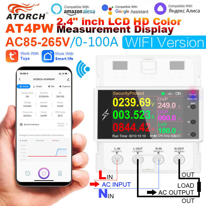 100A AT4PW Tuya WIFI Din Rail Smart Switch Remote Control AC 220V 110V ...