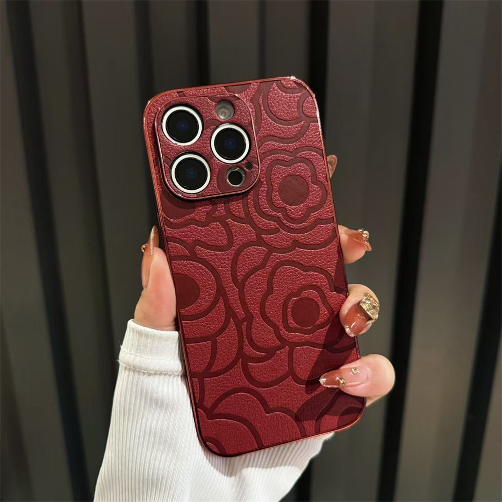 Camellia Plated Red Luxury Phone Case for IPhone 15 Pro Max 11 14 13 12 ...