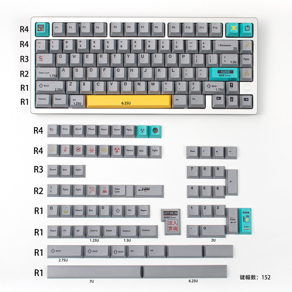Laboratory Keycaps Gray PBT Dye-sub Cherry profile keycaps set for ANSI ...