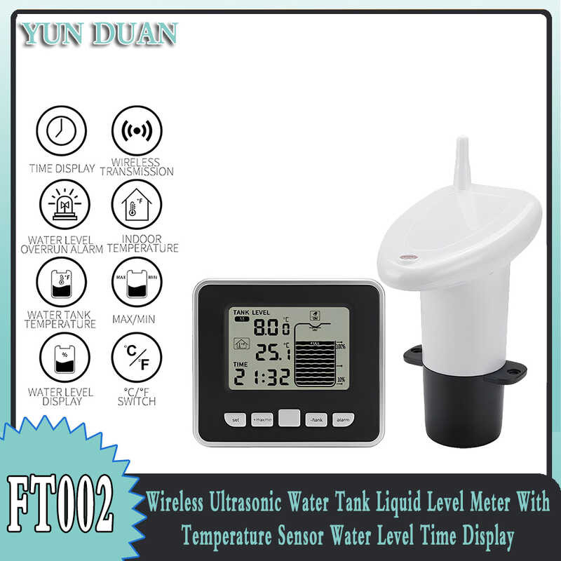 Water Ultrasonic Tank Level Meter Sensor Temperature Display Time Alarm ...