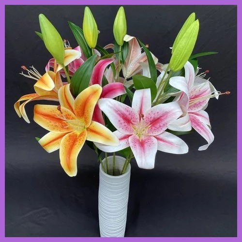 ⊕ Long Stem Artificial Rubber Stargaizer Flowers Fake Silk Full Bloom 