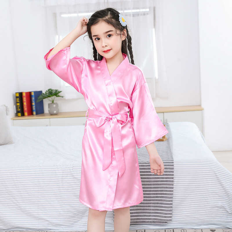 Pink Bathrobes For Girls Nightwear Satin Silk Kids Robes Summer Girl ...