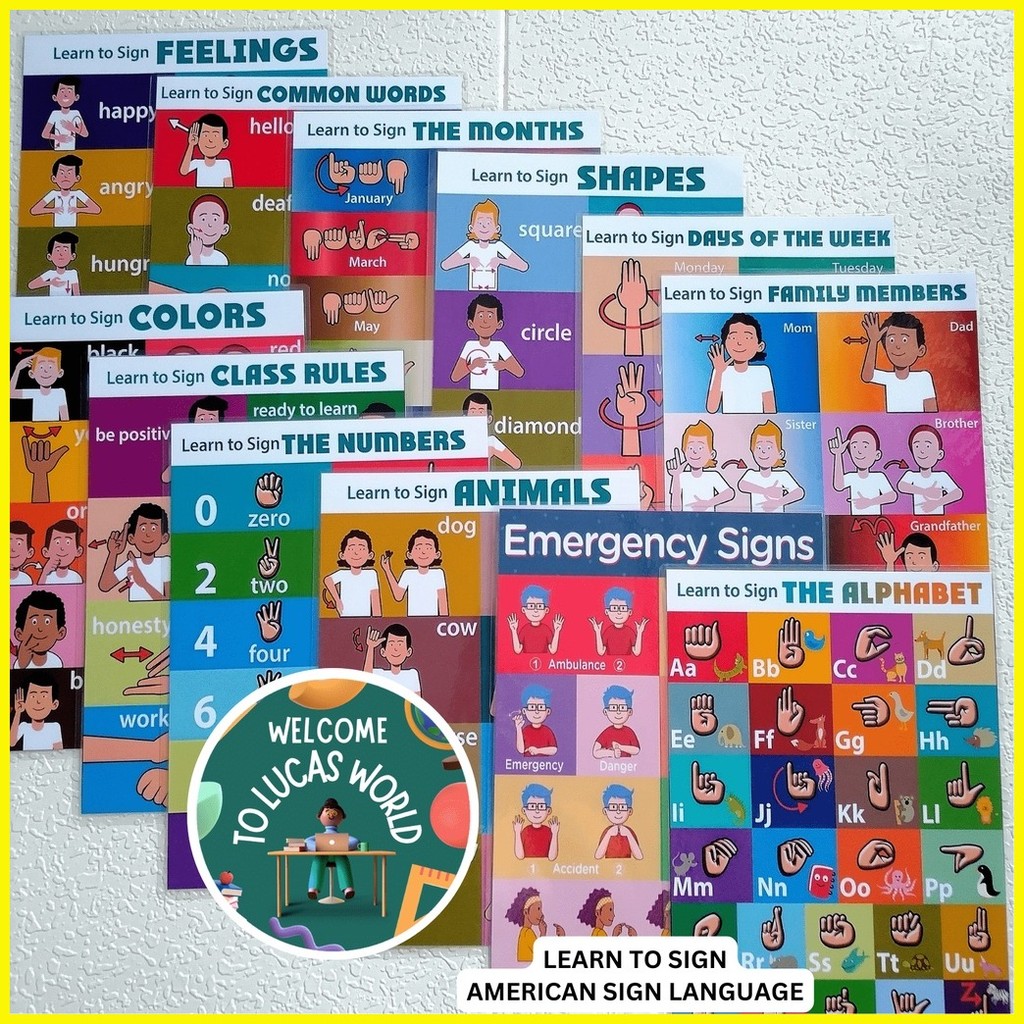 ∆ SIGN LANGUAGE CHARTS POSTERS ( ASL ) ALPHABET NUMBERS SHAPES COLORS ...