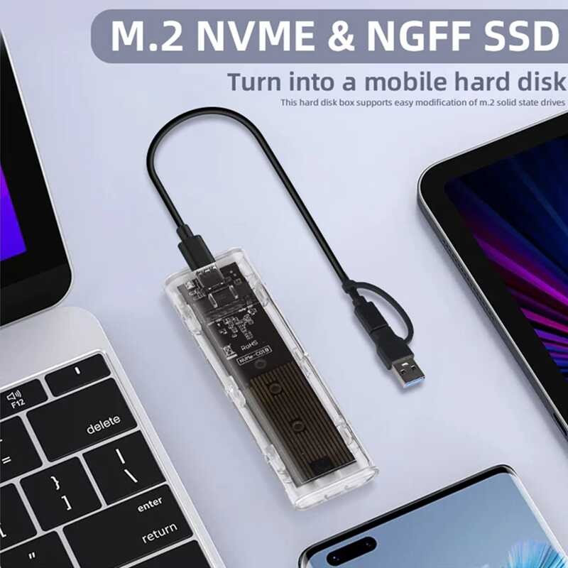 NVME M.2 PCIe NGFF SATA Dual Protocol Case Clear USB Type C 10Gbps PCI ...