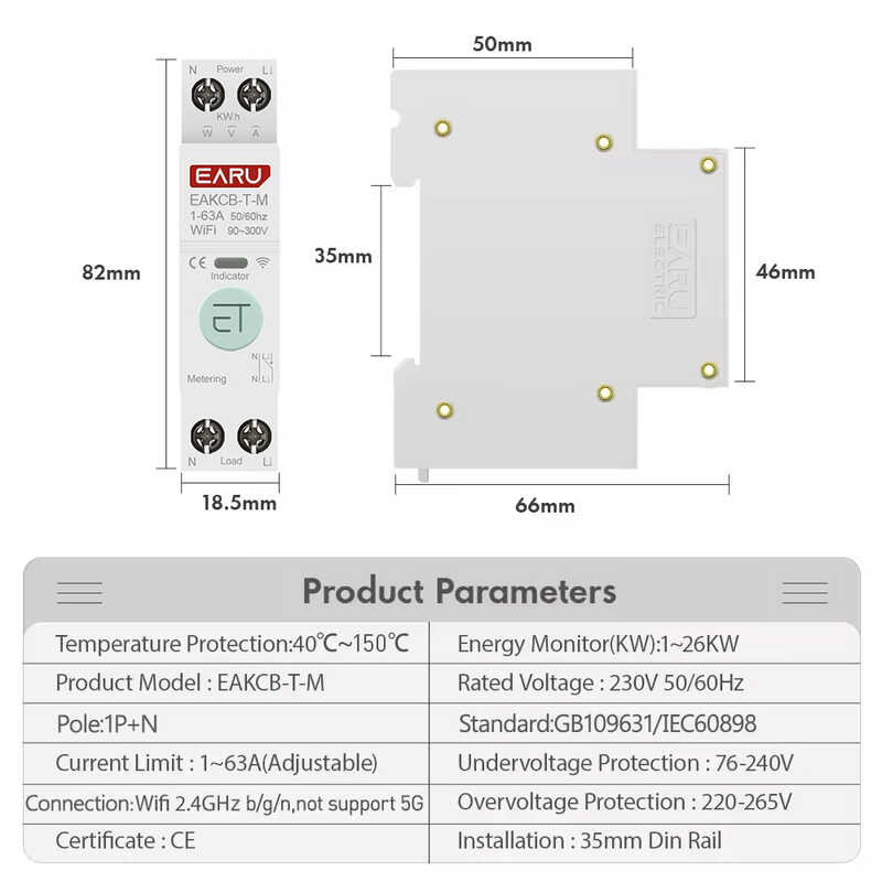 Wifi Tuya Smart Circuit Breaker MCB 1P+N 63A Timer Power Energy Kwh ...