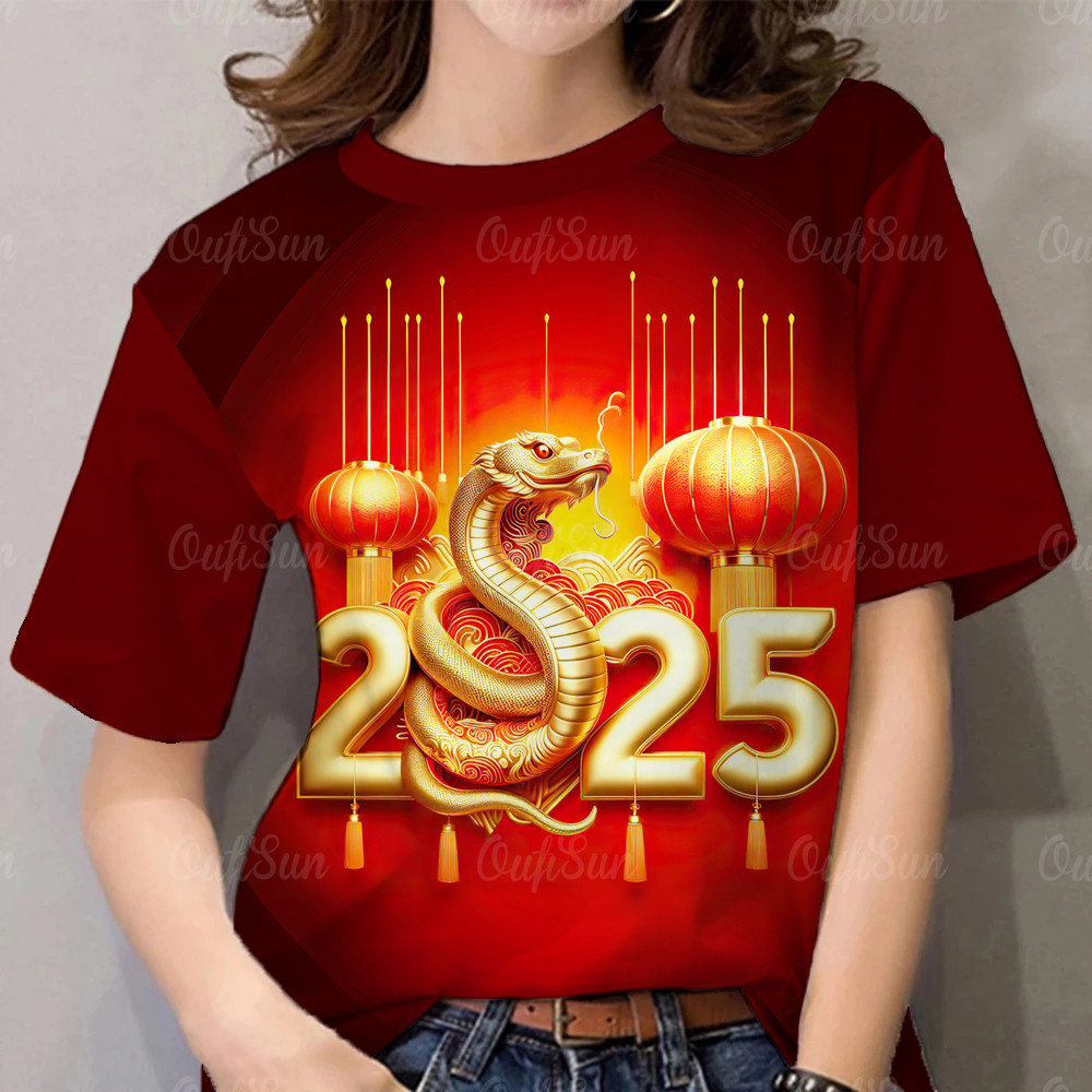 New Year Shirt 2025 Year of the Snake Red TShirt New Year Party TShirt Can Be Weared by Men