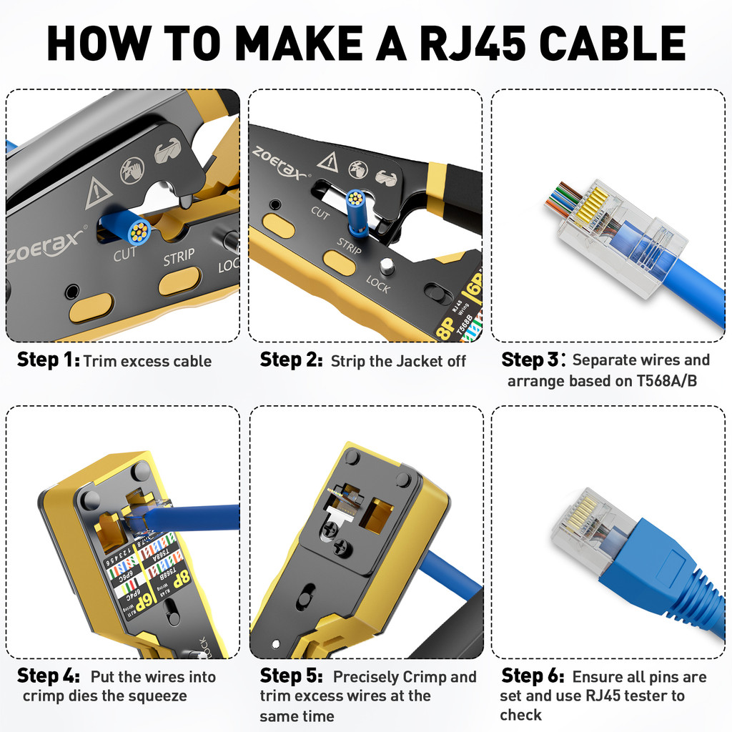 ZOERAX RJ45 Crimping Tool Kit with Cable Tester CAT6 CAT5e Pass Through ...