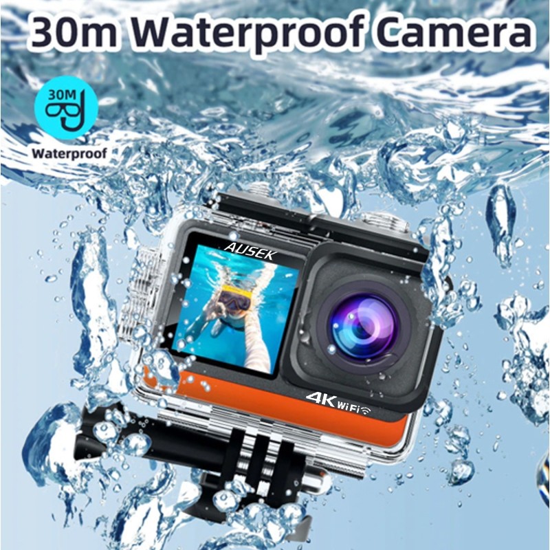 【on sale】Orig AUSEK Action Camera AT-Q80TR Dual Screen Sport Camera 4K ...