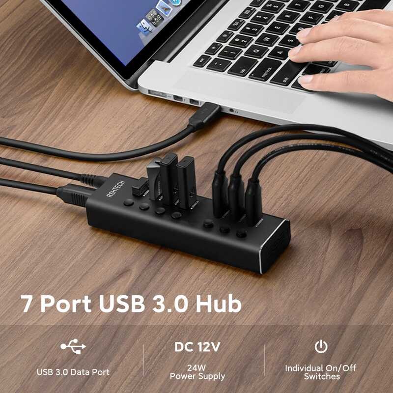 5Gbps RSHTECH 7 Ports Usb3.0 Data Hub Splitter 12V/2A Power Adapter ...