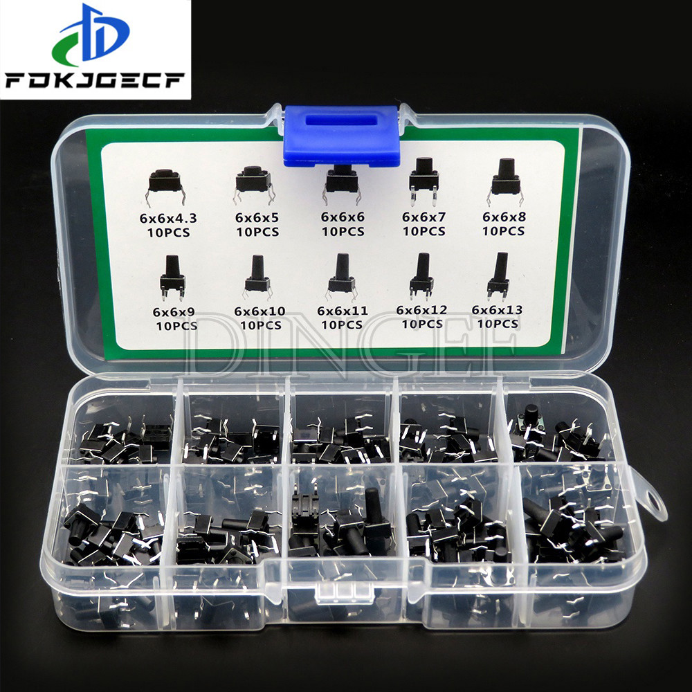 100Pcs (10 Kinds x 10pcs) 6x6mm Micro Push Tact Switch Kit 6x6 Mini ...