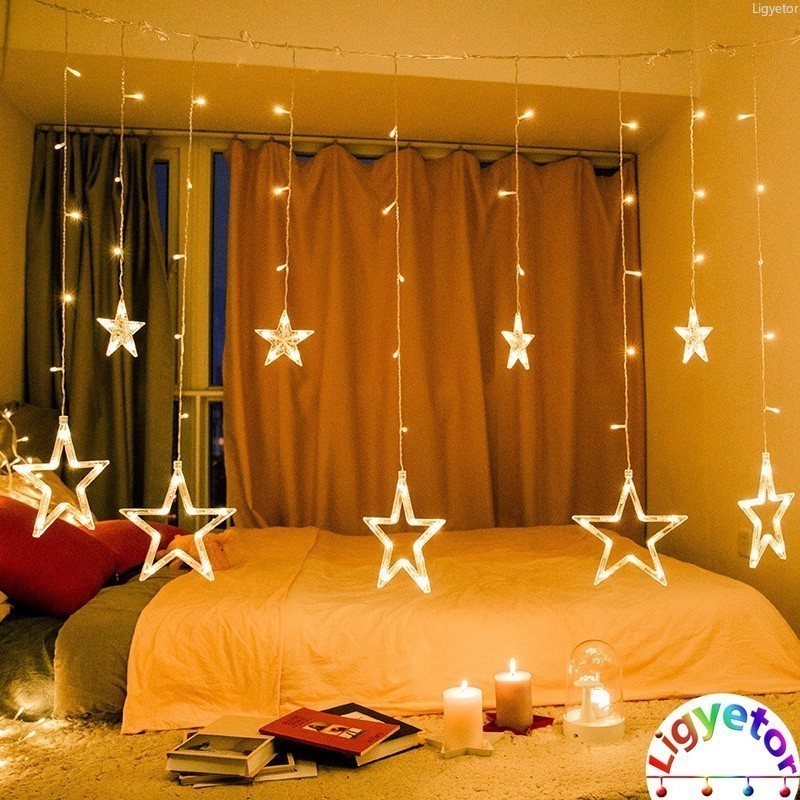 Ligyetor Raya Solar Moon Star Curtain Lights Lampu Hari Raya LED String ...