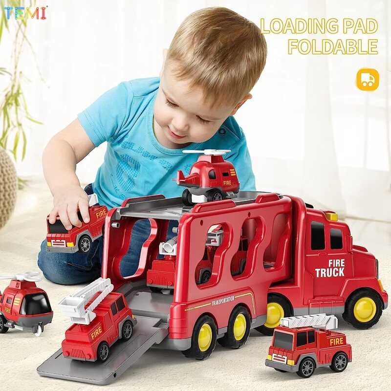 TEMI 々 Toddler Fire Toys 5 In 1 Carrier Truck Transport Cars Friction ...