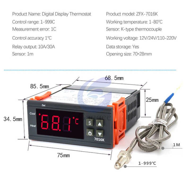 ZFX-ST3012 Intelligenter Digitaler Temperaturregler, ABS-Gehäuse, Dual -Display-Thermostat mit Wasserfester Sonde, -50℃ Bis 110℃ Bereich, Hohe Genauigkeit, 10K L=1M, Bis zu 10A