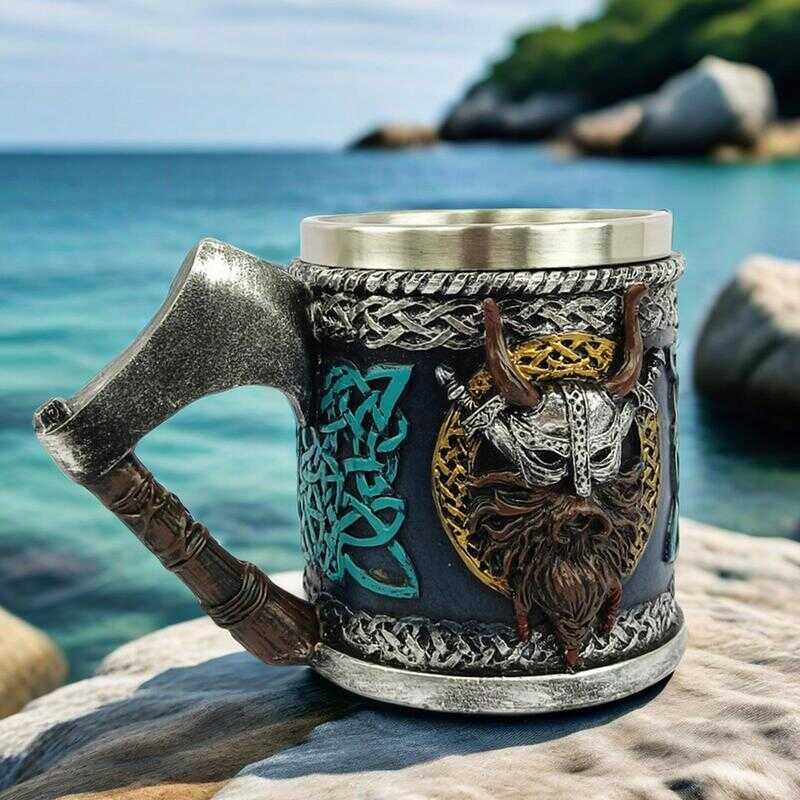 Viking Axe Skull Mug - 17oz Stainless Steel & Resin Beer Tankard, Medieval Themed Drinkware