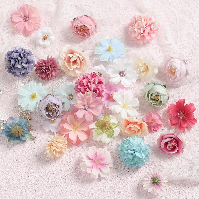 20/50Pcs Mixed Color Faux Flower Heads Mini Artificial Flower Heads ...