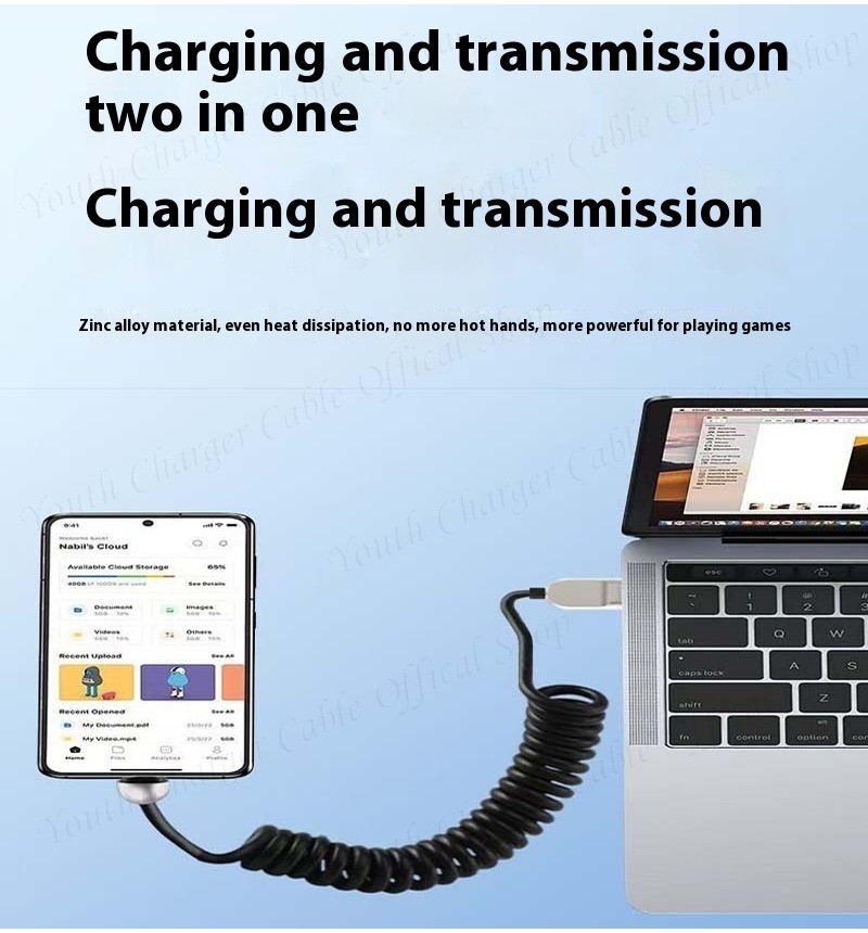 6A Fast Charging Spring telescopic Data Cable 66W USB to Type C phone ...