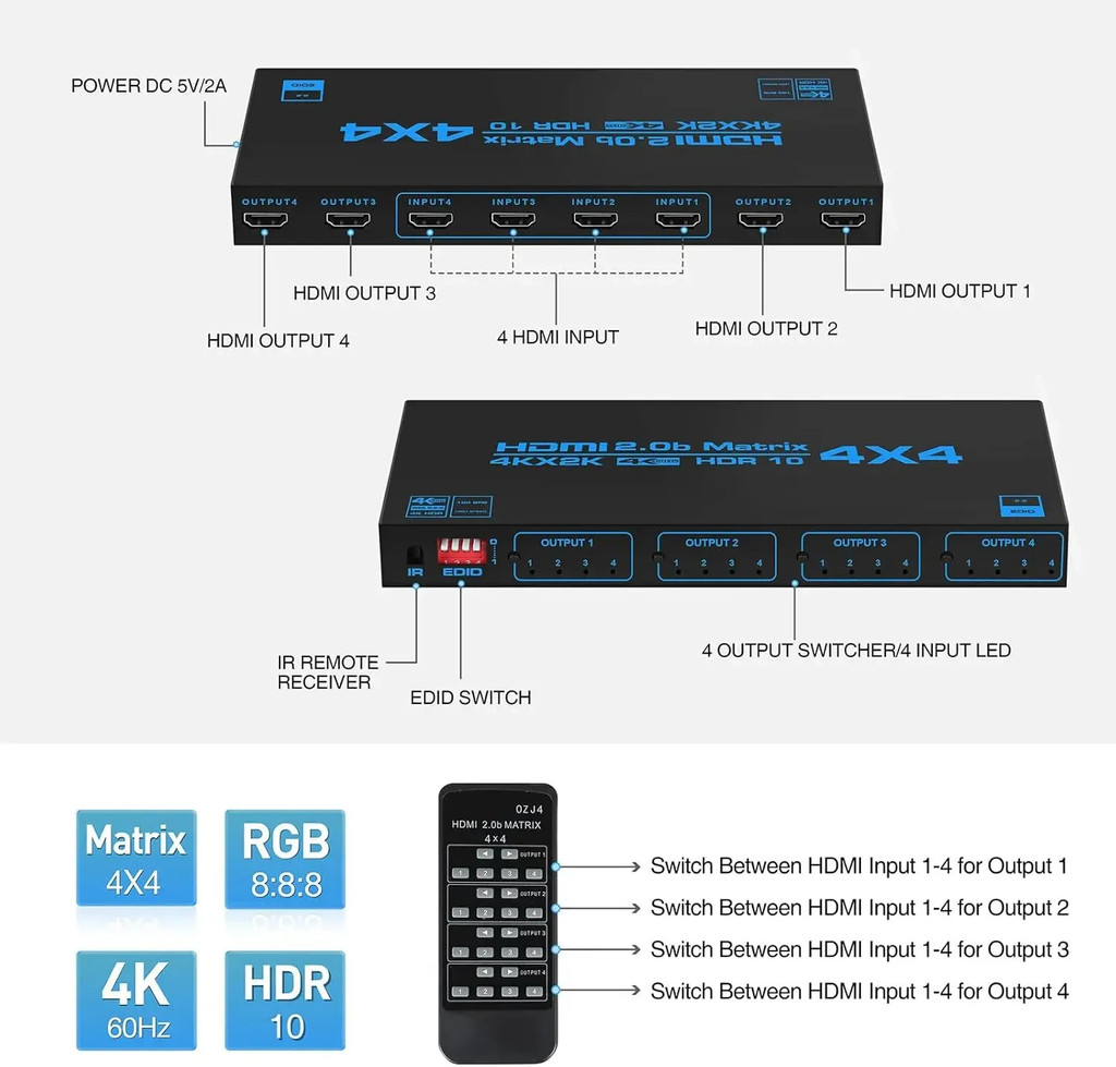 4K 4x4 HDMI Matrix Switch 4 in 4 out HDMI Splitter Audio Video Selector ...