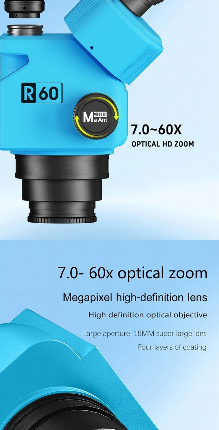 MaAnt Sky Eye R60 Trinocular Microscope with 7-60X Zoom 0.7X-6.0X ...