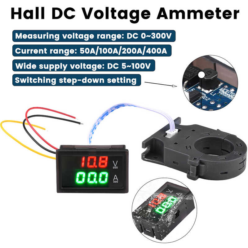 Hall DC0-300V Digital Voltmeter Ammeter 50A/100A/200A/400A Battery