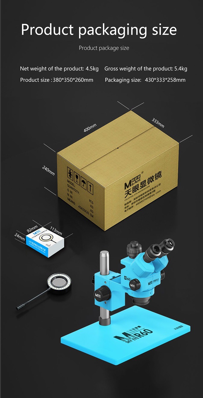 MaAnt Sky Eye R60 Trinocular Microscope with 7-60X Zoom 0.7X-6.0X ...