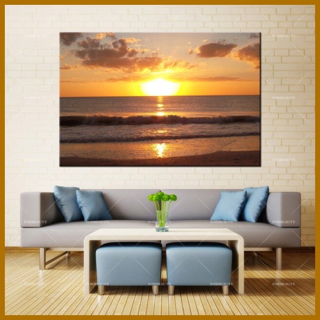 Canvas Painting Wall Art Wave Sand Cloud Sunset Nature Ocean Beach ...