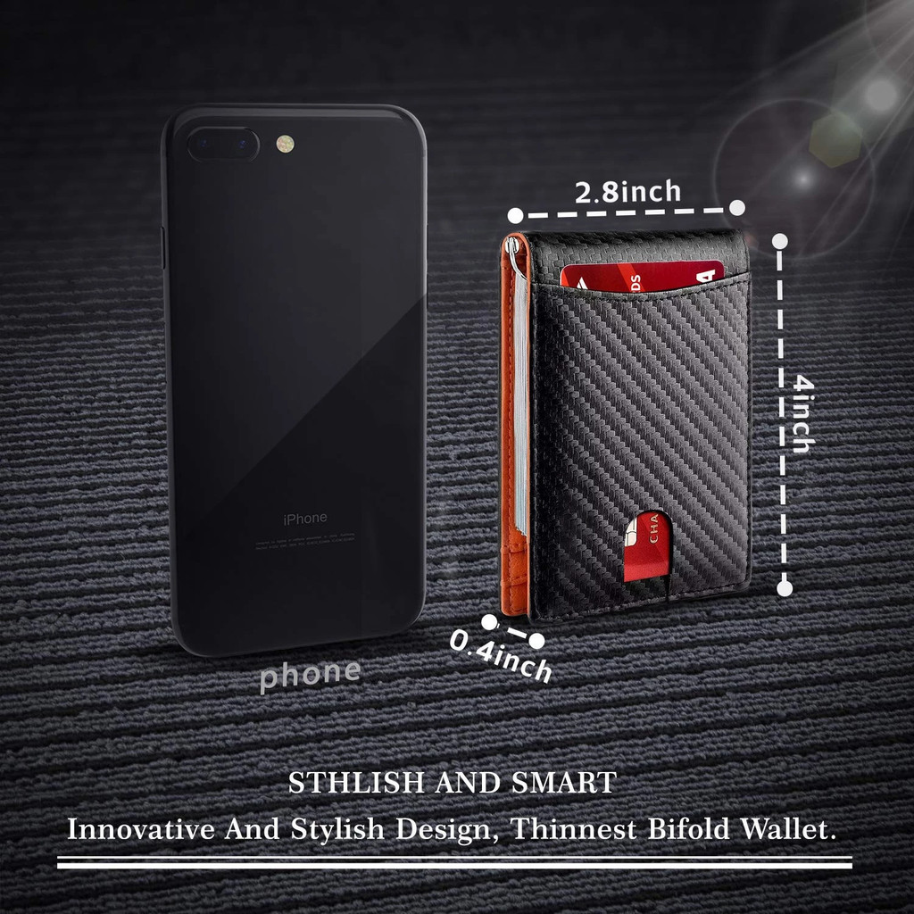 Define Essentials Carbon Fiber Minimalist Slim Bifold Wallet for Men - RFID Blocking, Money Clip, Genuine Leather - Stylish, Secure, and Functional