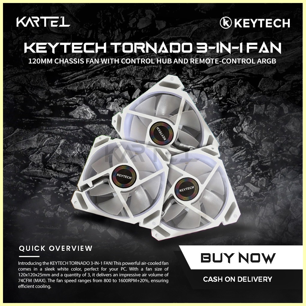 ♞KEYTECH WHITE/BLACK TORNADO 3in1 120mm Chassis Fan with Control Hub ...