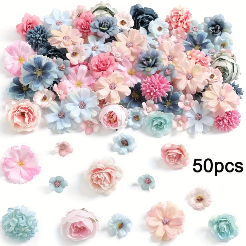 20/50Pcs Mixed Color Faux Flower Heads Mini Artificial Flower Heads ...