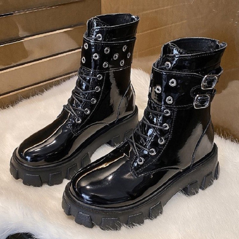 Women’s British-Style Mid-Calf Thick-Soled Leather Boots