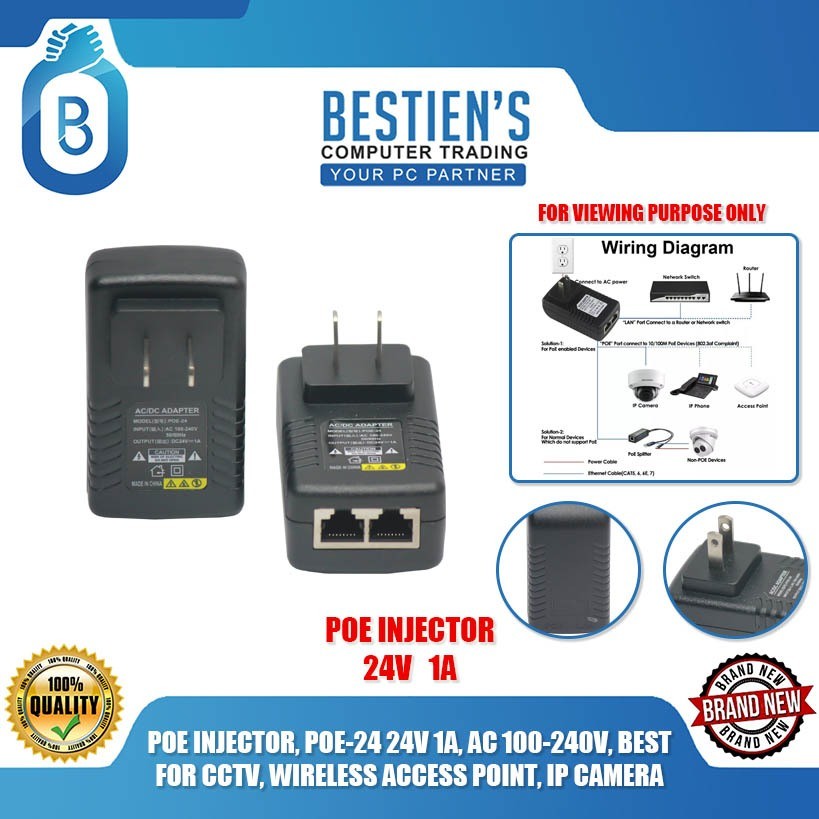 ♞POE INJECTOR, POE-24 24V 1A, AC 100-240V, BEST FOR CCTV, WIRELESS ...