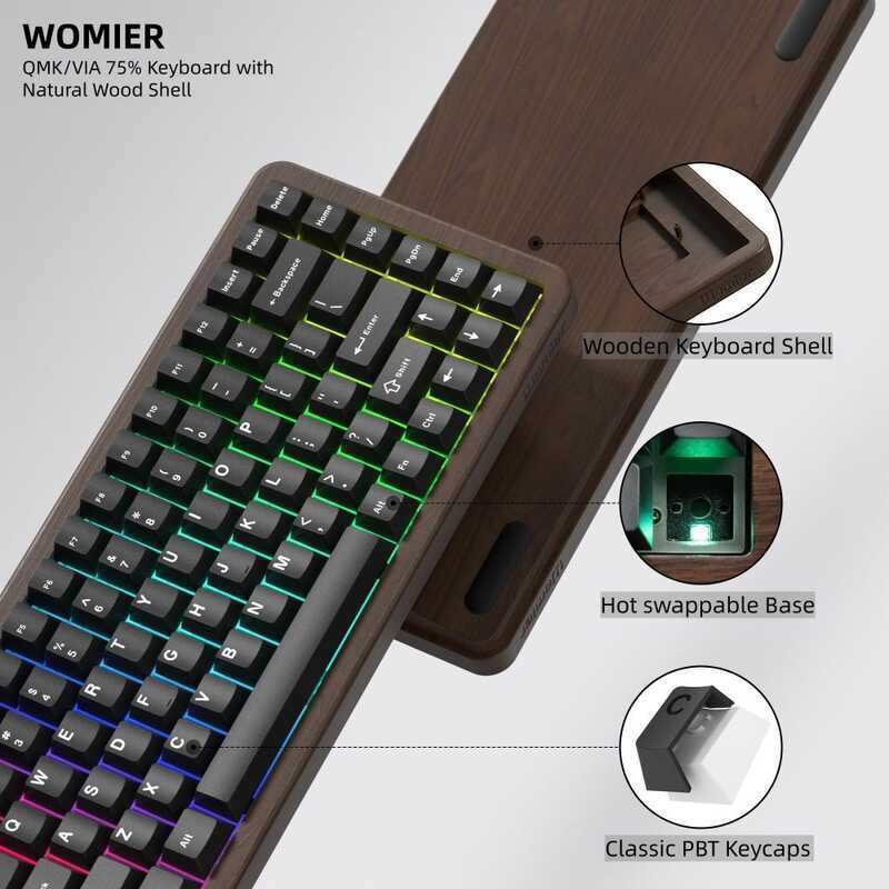 WD Womier Black With QMK VIA Wood Gaming Keyboard Tri Mode Wireless ...